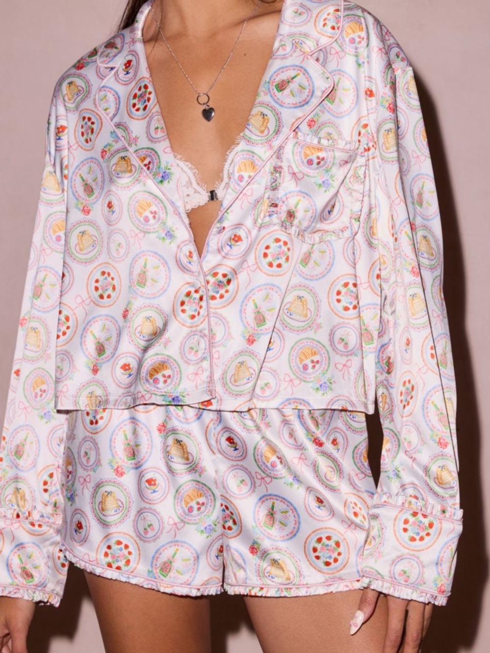 NWT For Love and Lemons Large L Lailah Satin 2 Piece Pajama Set Brunch Shorts